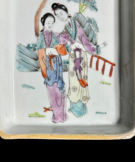 中国美術 美人 粉彩人物絵 清時代 中国雑貨 陶板 磁板 食器 インテリア 時代物 中国 陶器 骨董品 アンティーク