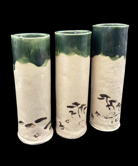 【3個セット】 織部焼 花入 緑釉 花瓶 花生け 花器 菓子器 織部 陶器 インテリア 工芸品 骨董品 アンティーク