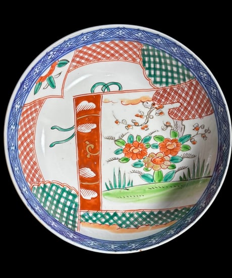 古伊万里 大鉢 [梅草花文図] 手描き 色絵 巻物 鉢 取り皿 飾り皿 和食器 明治 伊万里 陶器 骨董品 アンティーク
