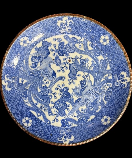古伊万里 印判 染付 鳳凰 桜 孔雀 草花 いげ皿 大皿 丸皿 平皿 取り皿 盛り皿 飾り皿 時代物 和食器 骨董品 アンティーク