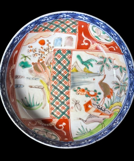 大鉢 [鶴亀松竹梅風景文] 伊万里 金彩 色絵 大皿 丸皿 鉢 盛り皿 飾り皿 古伊万里 古美術 和食器 骨董品 アンティーク