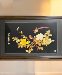 中国現地買入 鴛鴦 蝶 切り絵 貼り絵 中国 菊 風景 額 版画 アート イラスト 美術品 中国雑貨 コレクション 骨董品 アンティーク
