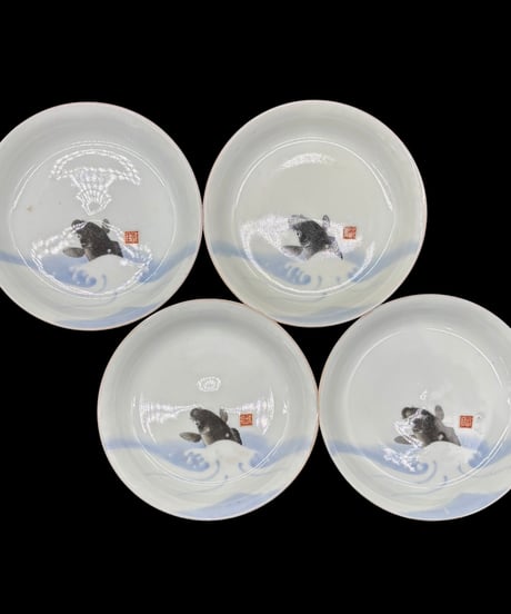 【4客セット】古伊万里 源六製 鯉 刺身皿 小皿 丸皿 取り皿 盛り皿 飾皿 時代物 和食器 骨董品 アンティーク