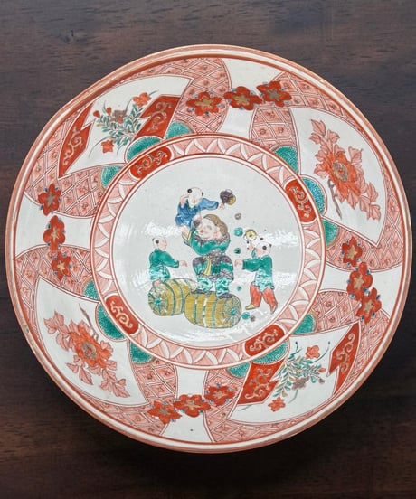 古伊万里 赤絵 大鉢 唐子草花文図 色絵 盛り鉢 鉢 取り皿 飾り皿 和食器 陶器 伊万里 骨董品 アンティーク