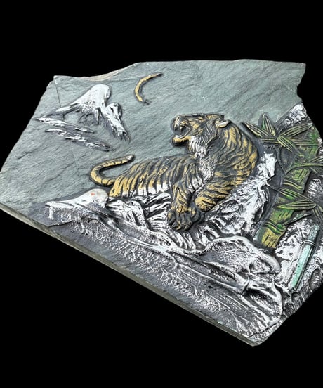 石彫刻 山月竹虎図 石板 レリーフ 石彫り 置物 石 縁起物 インテリア 骨董品 アンティーク