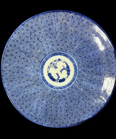 古伊万里 微塵唐草 印判皿 直径42cm 大皿 装飾皿 染付 松竹梅 明治 大正 盛り皿 飾り皿 古美術 和食器 骨董品 アンティーク