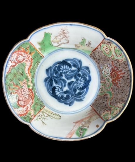 【5客セット】古伊万里 金彩 小皿 龍風景文図 色絵 向付 銘々皿 時代物 陶器 旅館 和食器 骨董品 アンティーク