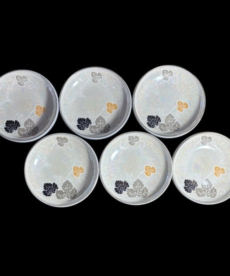 【6客セット】明治硬質磁器 オーロラ 葉 小皿 色絵 小鉢 丸皿 取り皿 盛り皿 飾り皿 江戸 和食器 骨董品 アンティーク