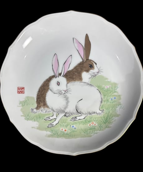 宮内庁御用達 深川製磁 有田焼 絵皿 ウサギ 兎 卯 色絵 干支 プレート 丸皿 取り皿 飾り皿 縁起皿 骨董品 アンティーク