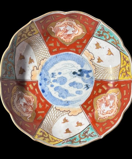 【2客セット】 明治時代 古伊万里 金彩 赤絵 雲龍小鳥文図 小皿 なます皿 冨貴長春 取り皿 飾り皿 和食器 陶器 骨董品 アンティーク