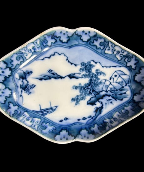 【2客セット】古伊万里 染付 菱形変形皿 [山水風景絵] 鉢 取り皿 盛り皿 飾り皿 伊万里 和食器 骨董品 アンティーク