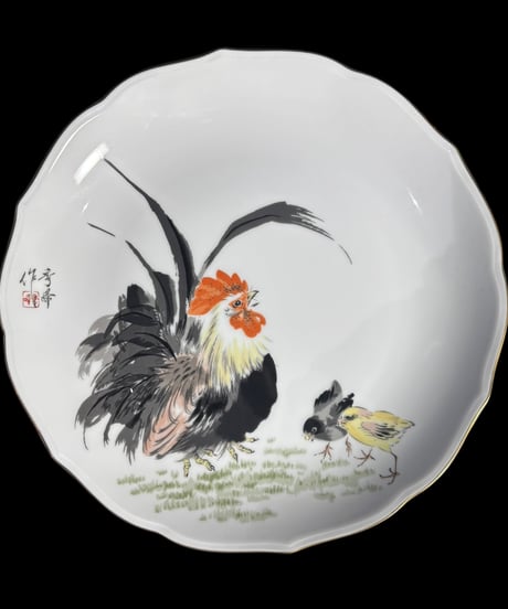 宮内庁御用達 深川製磁 有田焼 絵皿 ニワトリ 鶏 申 色絵 干支 プレート 丸皿 取り皿 飾り皿 縁起皿 骨董品 アンティーク