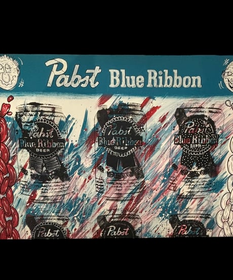 油絵 Pabst Blue Ribbon パブストブルーリボン 木製看板 ビール 油彩 看板 額装 壁掛 絵画 色絵 雑貨 インテリア アンティーク コレクション