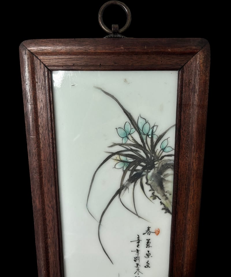 中国美術 陶板画 陶板額【春蘭】額装 壁掛 扁額 五彩 色絵 民国 古美術 