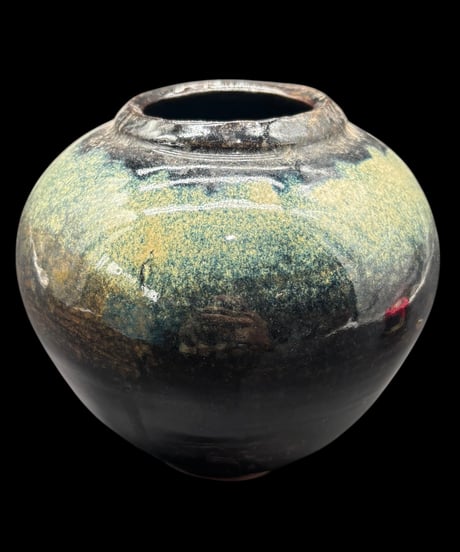山口 陶芸 花瓶 釉彩 フラワーベース 裏印あり 丸壺 花入れ 花器 陶器 古美術 時代物 骨董品 アンティーク