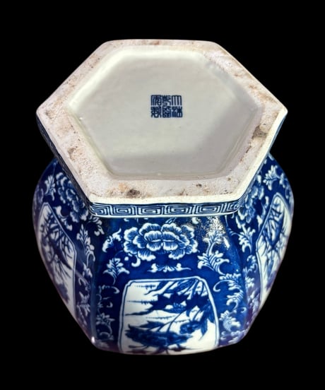 中国現地買付 六角壺 [鳥山水風景絵] 取手付き 中国雑貨 壺 フラワーベース 花瓶 花入れ 花器 陶器 中国 古美術 骨董品 アンティーク
