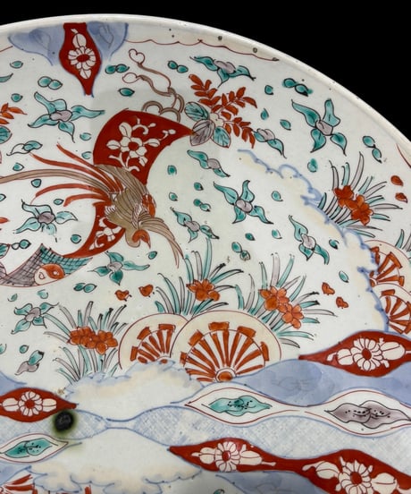 古伊万里 金彩 色絵 鳳凰草花文図 絵皿 大皿 取り皿 飾り皿 伊万里 陶器 骨董品 アンティーク