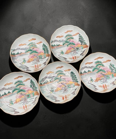 【5客セット】 古伊万里 小皿 金彩 松竹梅 山水風景図 色絵 豆皿 取り皿 和食器 時代物 陶器 骨董品 アンティーク