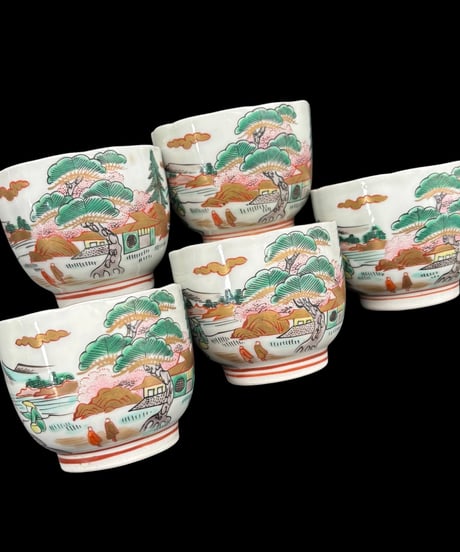【5客セット】 古伊万里 湯呑み 金彩 松竹梅 山水風景図 色絵 蕎麦猪口 和食器 時代物 陶器 骨董品 アンティーク