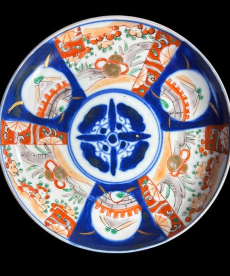 【3客セット】 古伊万里 色絵 瓢箪草花風景文図 丸皿 取り皿 飾り皿 和食器 伊万里 陶器 骨董品 アンティーク