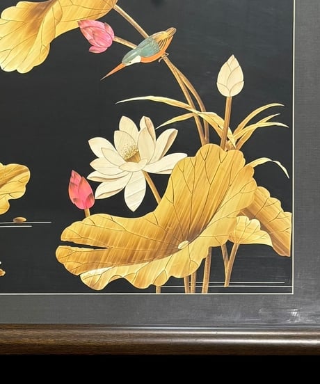 中国現地買入 おしどり 切り絵 貼り絵 中国 鴛鴦 蓮 風景 額 版画 アート イラスト 美術品 中国雑貨 コレクション 骨董品 アンティーク
