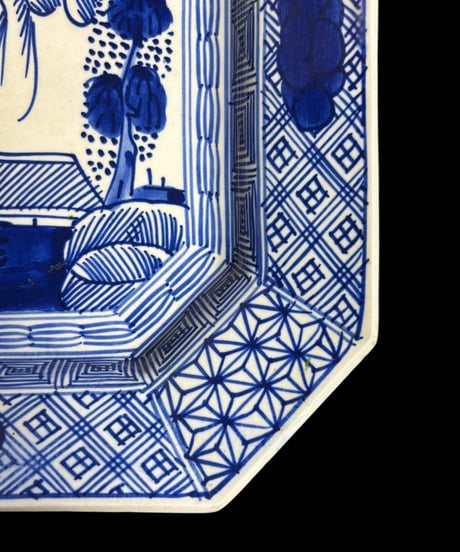 古伊万里 八角絵皿 [山水風景図] 染付 年代物 大皿 角皿 平皿 取り皿 盛り皿 飾り皿 伊万里 和食器 骨董品 アンティーク