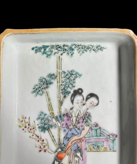 中国美術 美人 粉彩人物絵 清時代 中国雑貨 陶板 磁板 食器 インテリア 時代物 中国 陶器 骨董品 アンティーク