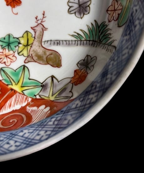 江戸期 古伊万里 色絵鉢 鹿鳥草花文図 紅葉 窓絵 盛り鉢 染錦 鉢 取り皿 飾り皿 和食器 陶器 伊万里 時代物 骨董品 アンティーク
