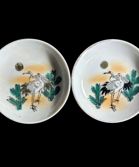 【2客セット】色絵 鶴 松 夕日 小皿 取り皿 盛り皿 飾り皿 和食器 骨董品 アンティーク