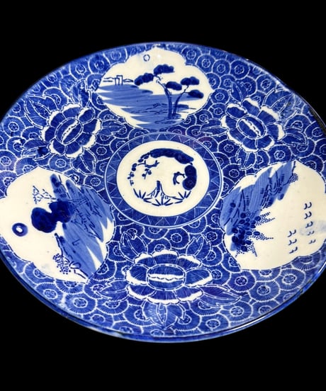 古伊万里 印判皿 [松竹梅山水風景図] 染付 明治 大皿 丸皿 盛り皿 飾り皿 伊万里 古美術 和食器 骨董品 アンティーク