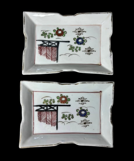 【2客セット】色絵 角皿 [風景草花] 刺身皿 丸皿 平皿 取り皿 盛り皿 飾り皿 絵皿 和食器 骨董品 アンティーク