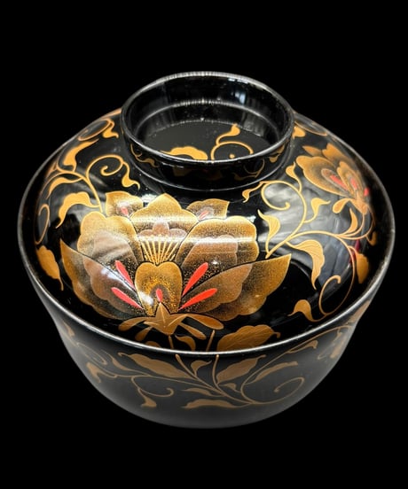 【6客セット】 明治期 金蒔絵 黒塗り 吸物椀 牡丹 御汁椀 漆器 塗物 煮物 縁起物 和食器 骨董品 アンティーク