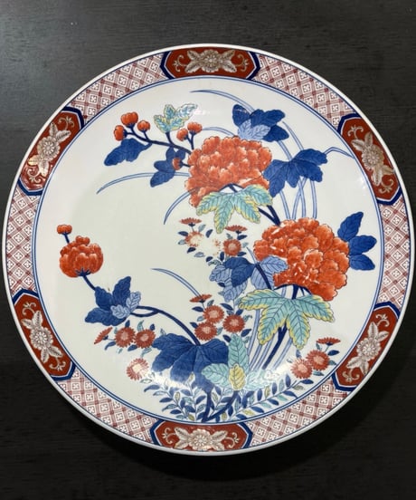有田焼 哲山作 色絵 染錦 芙蓉文図 絵皿 大皿 取り皿 飾り皿 伊万里 陶器 作家物 骨董品 アンティーク