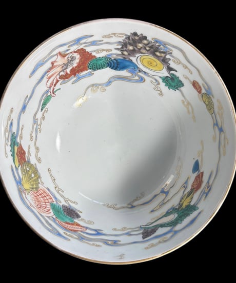 【現品限り!!】陶齋 大鉢 [魚蟹貝草花文] 海 サザエ 色絵 大皿 鉢 盛り皿 飾り皿 古伊万里 古美術 和食器 骨董品 アンティーク