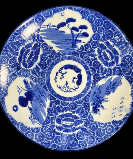 古伊万里 印判皿 [松竹梅山水風景図] 染付 明治 大皿 丸皿 盛り皿 飾り皿 伊万里 古美術 和食器 骨董品 アンティーク