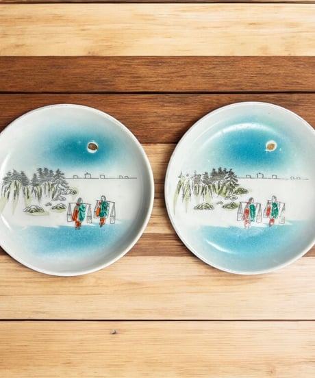 【2客セット】色絵 丸皿 [風景 人物絵] 時代物 小皿 取り皿 盛り皿 飾り皿 レトロ 昭和初期 和食器 骨董品 アンティーク