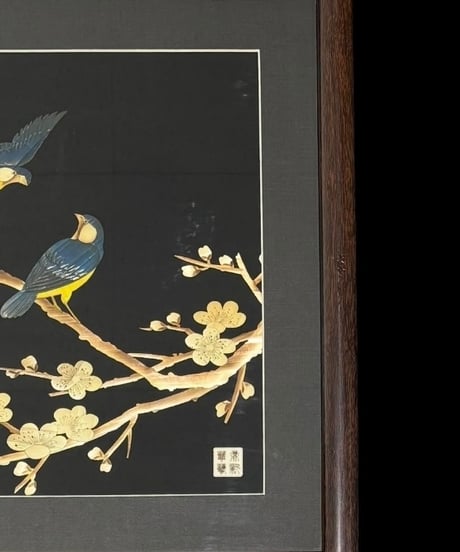 中国現地買入 鳥 梅 切り絵 貼り絵 中国 鳥 風景 額 版画 アート イラスト 美術品 中国雑貨 コレクション 骨董品 アンティーク