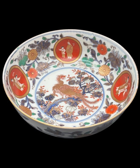 古伊万里 金彩 大鉢 鳳凰人物草花文図 色絵 盛り鉢 取り皿 飾り皿 陶器 伊万里 時代物 骨董品 アンティーク