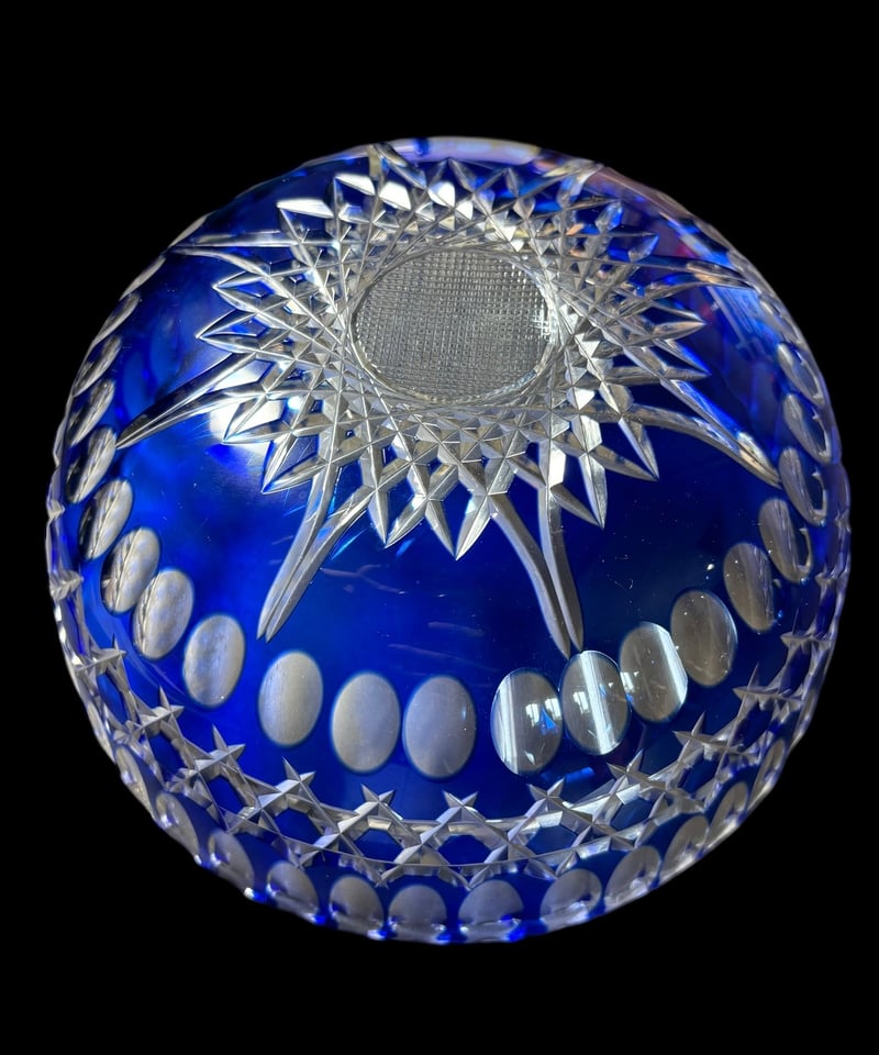 楠迪庵 切子 青 ガラスボウル 色被せ ガラス鉢 カットガラス 鉢