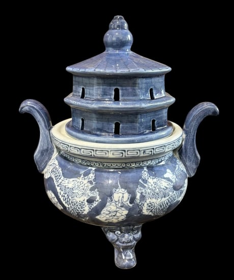 染付 龍 三足 香炉 香道具 美術品 インテリア 置物 陶器 中国 時代物 骨董品 アンティーク