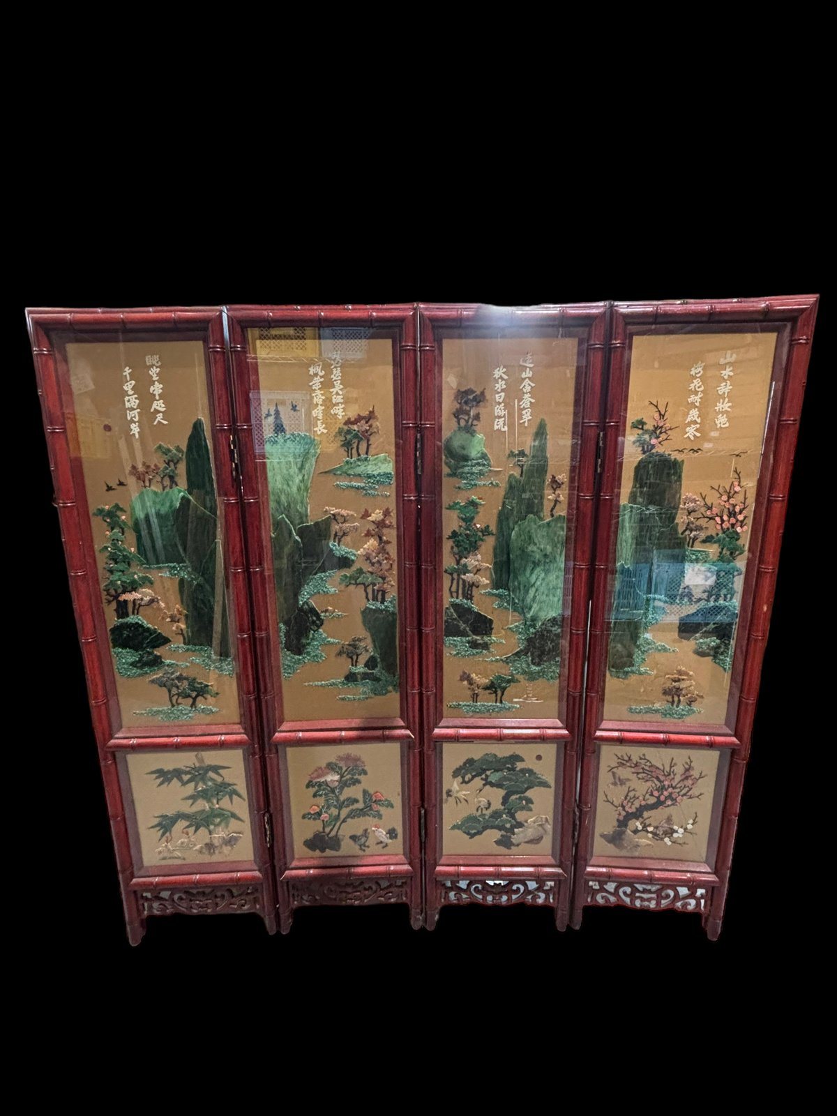 屏風中国玉石装飾細工春夏秋冬骨董美術品古美術品