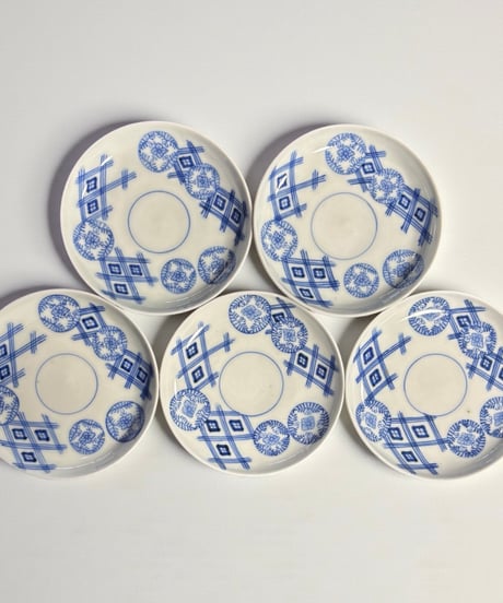 【5客セット】 古伊万里 染付 花菱文 市松文様 小皿 時代物 平皿 丸皿 豆皿 伊万里 和食器 骨董品 アンティーク