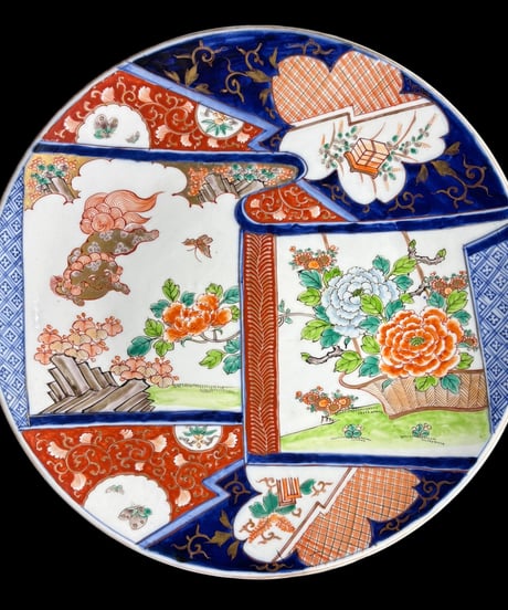 古伊万里 錦色絵 金彩 獅子蝶草花文図 装飾皿 大皿 丸皿 盛り皿 飾皿 古伊万里 古美術 時代物 和食器 骨董品 アンティーク