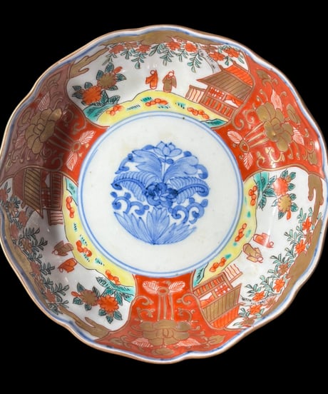 【2客セット】 明治時代 古伊万里 金彩 赤絵 草花人物風景文図 小皿 なます皿 冨貴長春 取り皿 飾り皿 和食器 陶器 骨董品 アンティーク