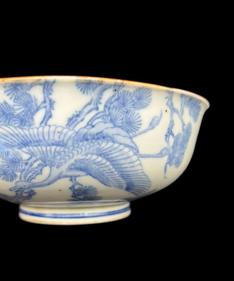 江戸期 古伊万里 染付 鶴松富士図 丸皿 鉢 盛り鉢 飾皿 和食器 陶器 時代物 骨董品 アンティーク
