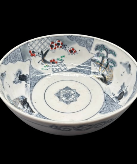 古伊万里 金彩 色絵 大鉢 梅松風景文図 日本製 取り皿 飾り皿 伊万里 陶器 時代物 骨董品 アンティーク