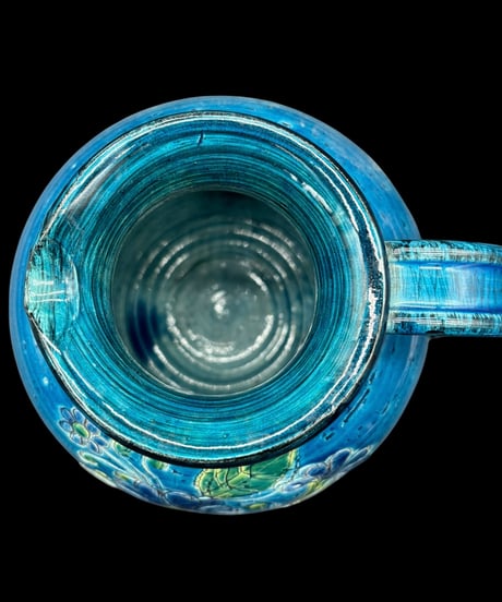 イタリア製 手描き 花柄 花瓶 ブルー ピッチャー フラワーベース 花入れ 花器 陶器 インテリア 骨董品 アンティーク