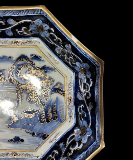 昭和初期 蔵出し 八角丼皿三組入 深田 共箱 3組鉢 大鉢 山水風景草花文図 金彩 色絵 盛り皿 飾り皿 古美術 和食器 骨董品 アンティーク