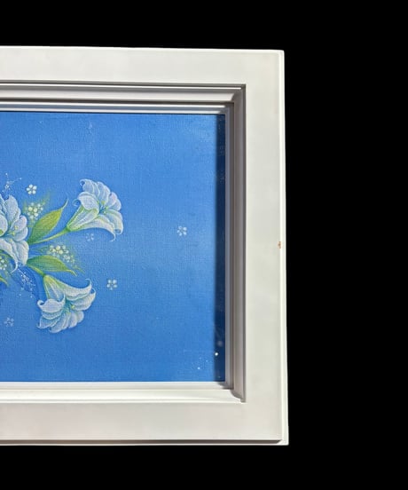油絵 ブルーリリー 青 薔薇 油彩 看板 額装 壁掛 絵画 色絵 バラ 雑貨 インテリア アンティーク コレクション