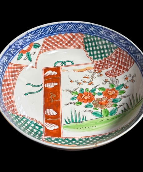 古伊万里 大鉢 [梅草花文図] 手描き 色絵 巻物 鉢 取り皿 飾り皿 和食器 明治 伊万里 陶器 骨董品 アンティーク